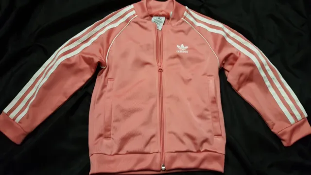 Girls Adidas Size 4-5 Pink White Track Jacket 3 Stripe Zip Up