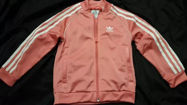 Girls Adidas Size 4-5 Pink White Track Jacket 3 Stripe Zip Up