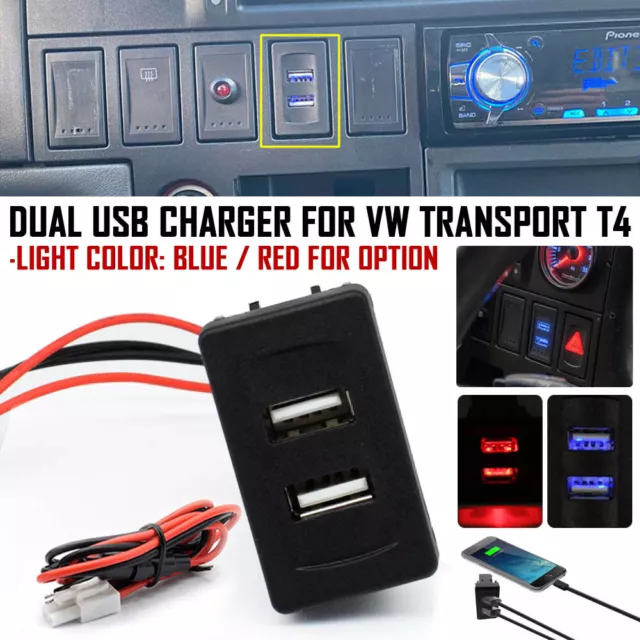Auto Dual USB Ladegerät Buchse Rot Licht Einbau-Steckdose 2.1A Für VW T4  Modelle