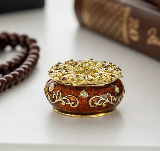 Keren Kopal Caja de baratijas de bronce y oro hecha a mano decorada con...