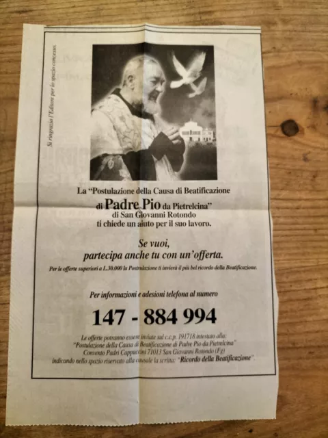 Pubblicità Postulazione della causa di beatificazione di Padre Pio 1999 ritaglio