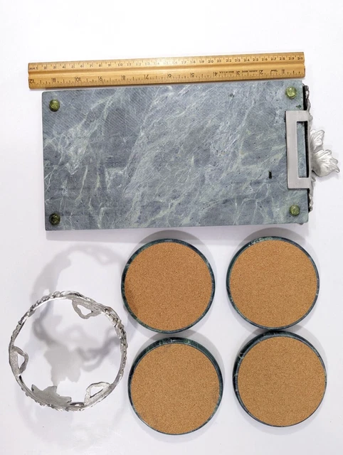 Set - Grüner Marmor Käsebrett & 4 Untersetzer mit Zinn Trauben Tablett Schneiden Servieren 11