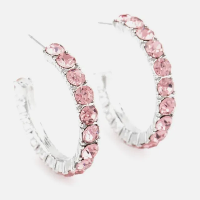 Pink Hoop Earrings Cubic Zirconia Hoops Bling Stud Large $ Nickel Free Pretty!