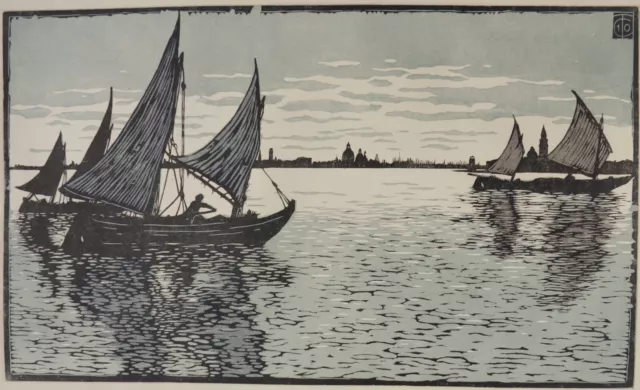 Carl Thielmann, Segelboote vor Venedig, großer Farbholzschnitt,
