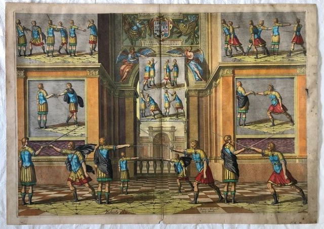 Rare Antique Color Engraving 1628 FENCING Boetius Adams Bolswert 74.5x53cm Rare Antique Color Engraving 1628 FENCING Boetius Adams Bolswert 74.5x53cm