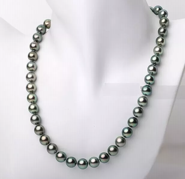 Stunning 18"7-8mm Tahitian genuine black peacock blue green pearl necklace