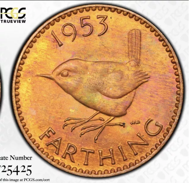 1953 GREAT BRITAIN UK FARTHING 1/4 D PCGS Graded W/ Trueview MS65RB