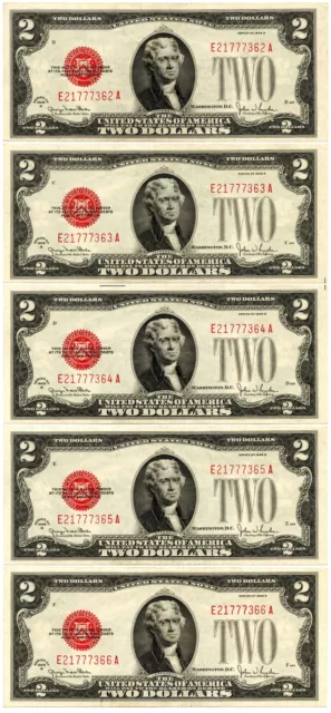 1928G $2 Red Seal Legal Tender Note Fr #1508 5pc Consecutive Set - Looks Choice