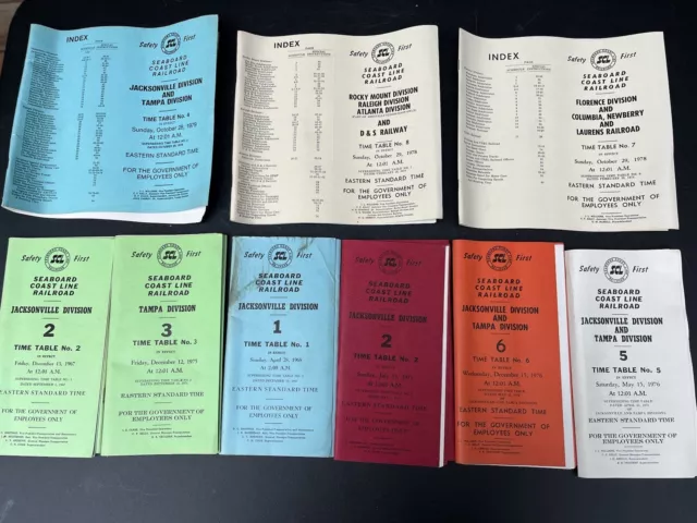 SEABOARD COAST LINE RAILROAD TIME TABLES (Lot of 9) Train Vintage Ephemera