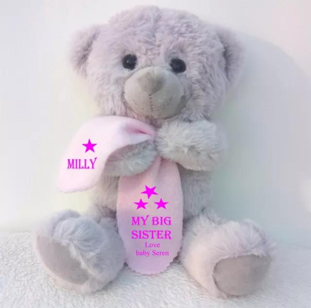 Personalised Grey Teddy Bear With Blanket Big/Little Sister Birthday Flower Girl