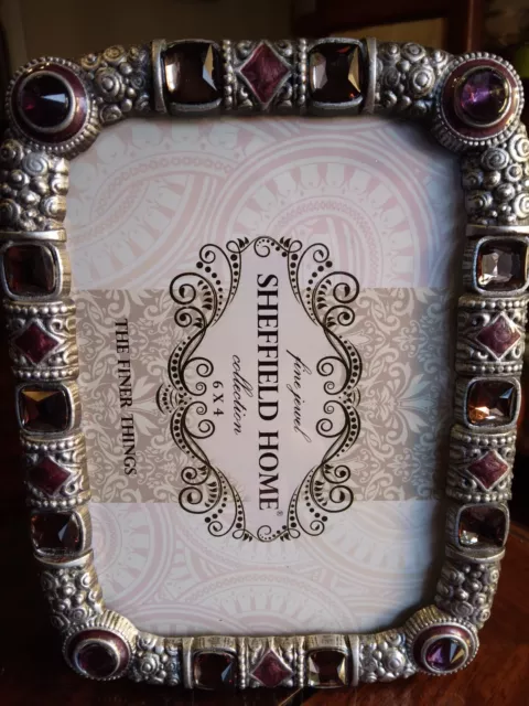 Picture frame 4x6 fine jewel collection ornate silver faux amethyst color stones