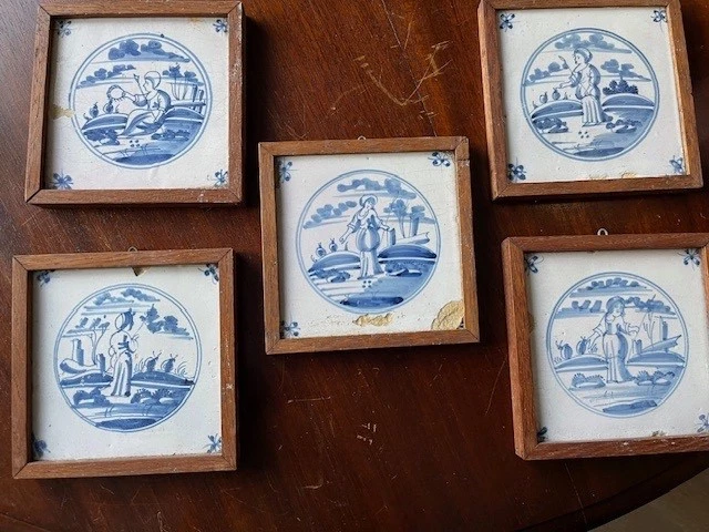 ANTIQUE SERIES OF 5 Delft tiles with a shepherdess, 17th century, rare ...