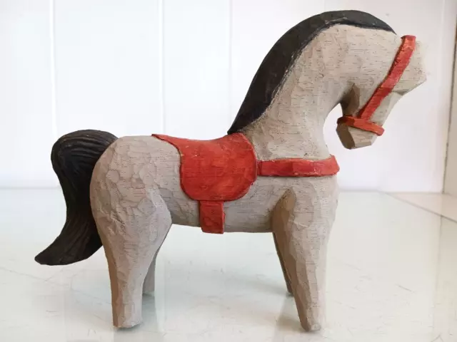 Vtg Hand Carved & Painted Small Horse Figurine Swedish Dala Style  Gray Red Blac
