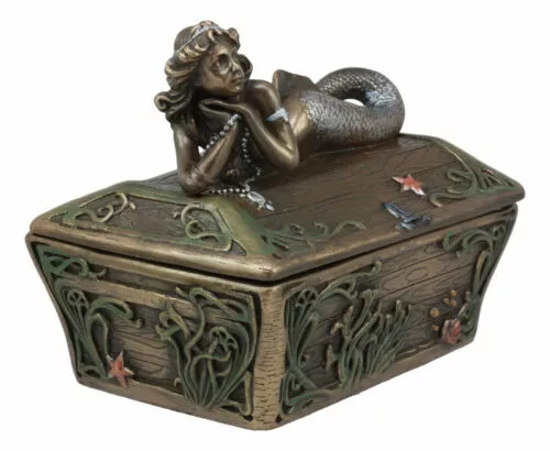 Beautiful Mermaid Resting On Sunken Treasure Chest Trinket Jewelry Box 2