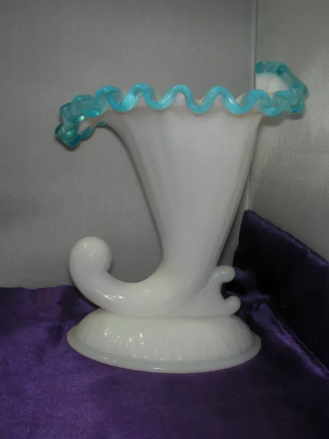 Fenton Aqua Blue Crest Cornucopia 6" Candle Holder Milk Glass Vintage 1941-1943