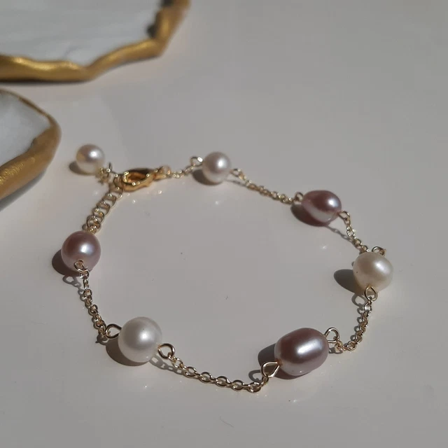 Bracelet Fin En Perles De Culture Et Plaqué Or 14k - Perles Bleu-vert Et Roses - Rose-Mimosa - Neuf Avec étiquettes