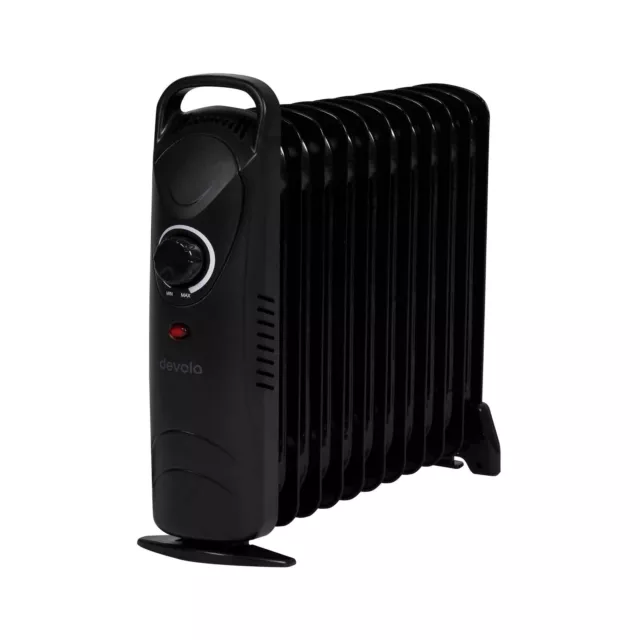 Devola Mini Oil Filled Radiator 1000W 11 Fin Black Adjustable Electric Heating