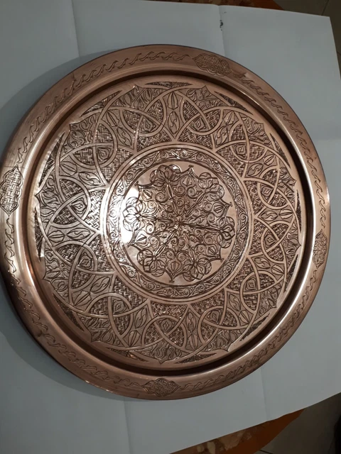 Plateau Marocain Rond En Métal - 46 Cm De Diamètre, Poignées Et Gravures - Style Oriental Pour Thé Ou Décoration