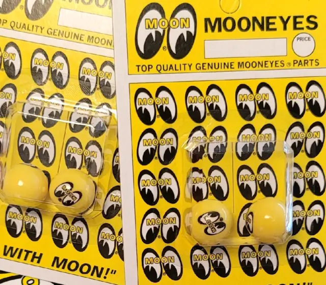 4 Yellow MOON Valve STEM CAPS Hot Rod vtg style Custom MOONEYES ball logo GASSER
