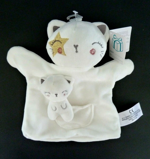 R99. Doudou Plat Marionnette Kiabi Simba Chat Blanc Gris Poche Bebe Etoile Neuf