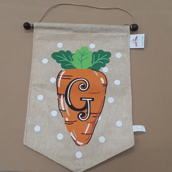 Spring Easter "G" Monogram Carrot Burlap House Flag with Pole NEW