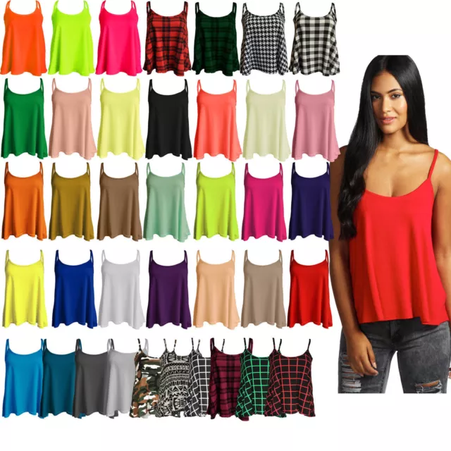 Womens Ladies New Plus Size Cami Plain Strappy Swing Vest Top Flared Sleeveless