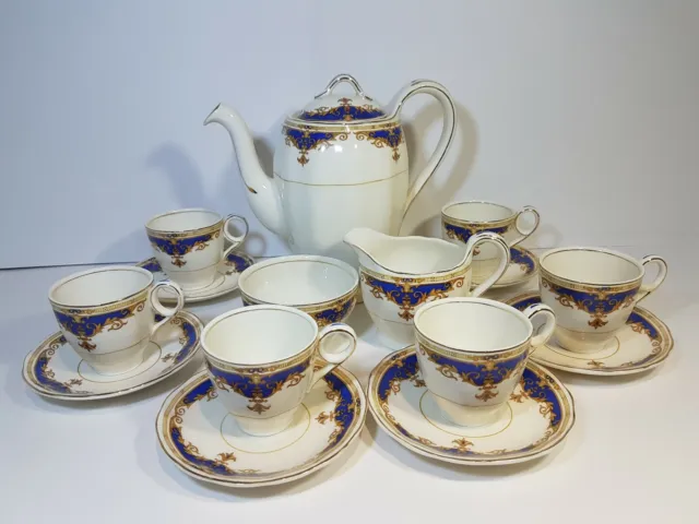 Vintage Blue/Gold Grindley Pottery Cream Petal Janique Coffee Tea Set