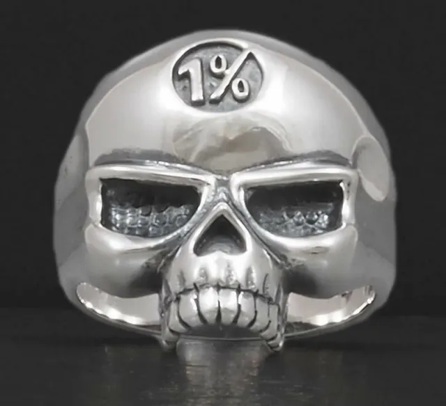 1% Skull Skeleton No Jaw Biker Rocker Goth 925 Sterling Solid Silver Mens Ring