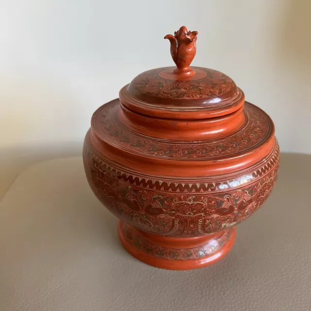 Antique Burmese Lacquer Box Monks Alms Vessel Red 19th Century Hand Painted Old