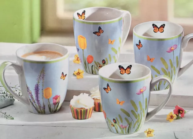 4 grosse Henkelbecher NEU Kaffeetassen 400 ml Blumen-Schmetterling Motiv