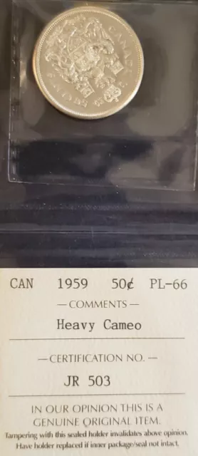1959 CANADA 50c Silver Half Dollar Coin QEII ICCS Graded: PL66 HEAVY CAMEO 2