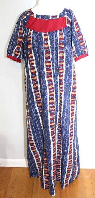 Vintage Liberty House Hawaii LOLA Puff Sleeves Muumuu Maxi Dress Batik Lounge L