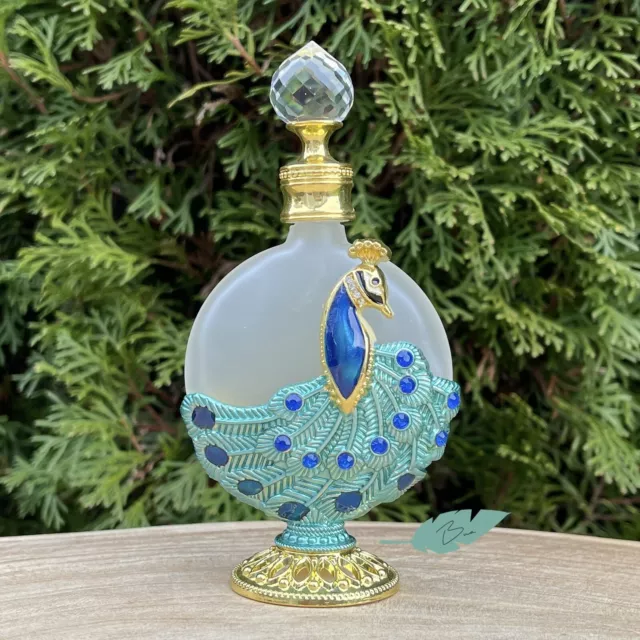 Peacock Feather Vintage-Style Perfume Bottle 30mL In Teal Green