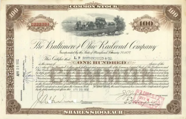 Baltimore and Ohio Railroad Co. Issued to L.F. Rothschild and Co. - Stock Certif