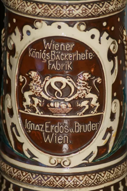 Antiker Relief Deckel Krug Wiener Königs Bäckerhefe Fabrik Ignaz Erdös u.Bruder