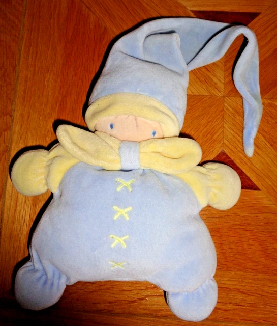 5Pa /  Doudou Lutin Poupee Grelot Nounours Croix Jaune Bleu Bonnet 20 Cm Tbe