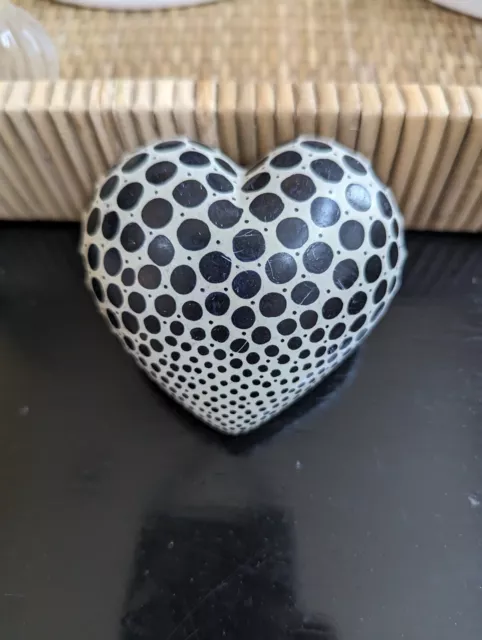 Heart Shaped Kisii Stone Black Cream Dot African Soapstone Paperweight Sculpture