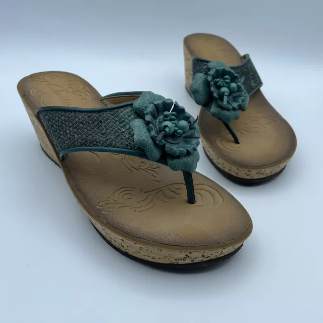 Clarks 65277 Womens Teal Green Raffia Floral Thong Slide Wedge Sandal Size 7M