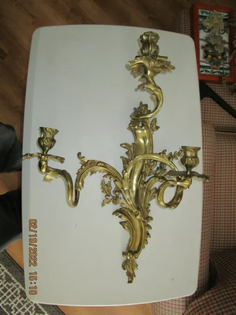 Louis Xv Style Ormolu Three Arm Italian Bronze Wall Sconce Candle Holder