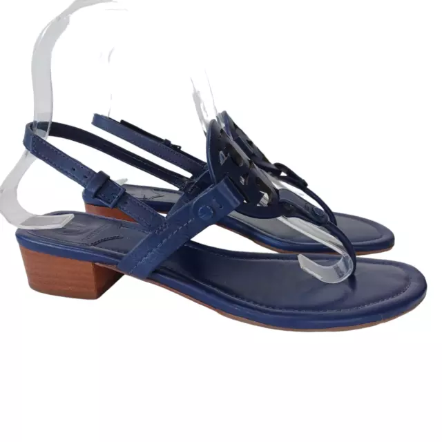 Tory Burch Sandals Womens size 7 M Navy Blue Low Stacked Heel Thong Slingback