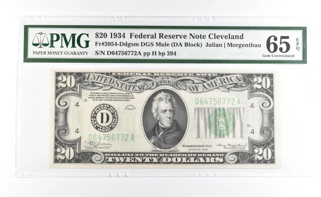 PMG 65 Gem Unc EPQ 1934 $20 Cleveland, OH US FRN Green Seal Fr#2054-Ddgsm *0929