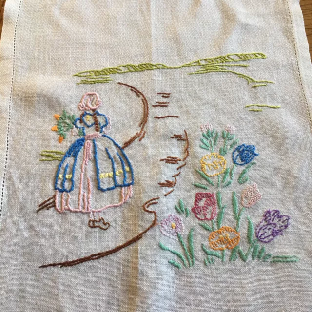 Vintage Hand Embroidered Linen Table Runner Flower Girl Garden Tulips 42 x 10.5”