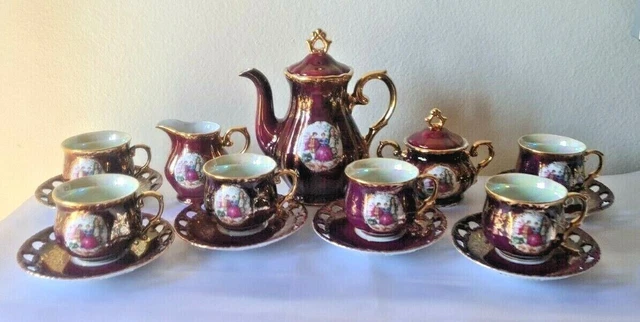 ROYAL JAPAN 17 PC Slotted Tea Set Cup Saucer Creamer Sugar Iridescent Burgundy ROYAL JAPAN 17 PC Slotted Tea Set Cup Saucer Creamer Sugar Iridescent Burgundy