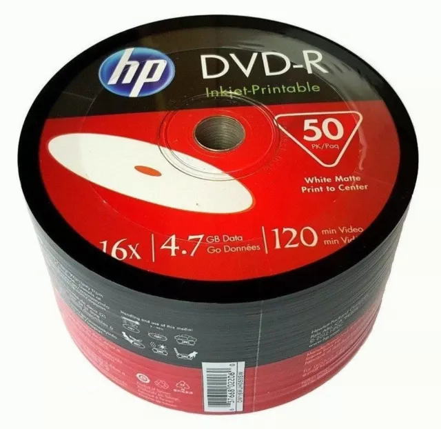 50-Pack HP 16X White Inkjet Printable Blank DVD-R DVDR Disc Media 4.7GB