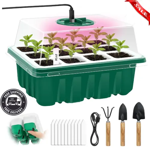 Seed Starter Tray Kit with Grow Light, 12 Cells, Silicone Bottoms