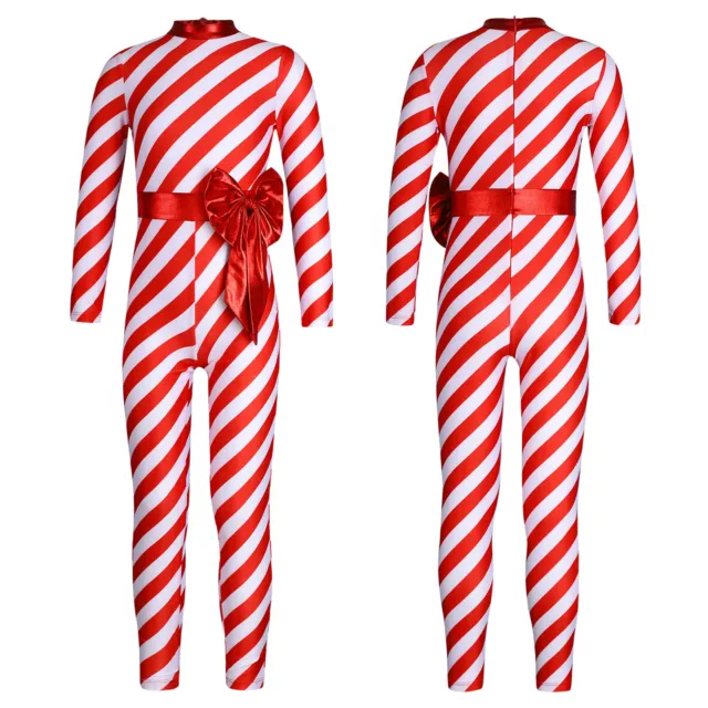 Kids Girls Leotard Striped Jumpsuit Bow-knot Christmas Costume Gymnastics Elf