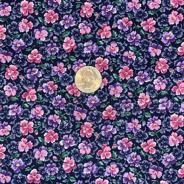 Vtg Cranston Floral Fabric Small Flowers Cotton Pink Purple Green Navy 2.5Yd x45