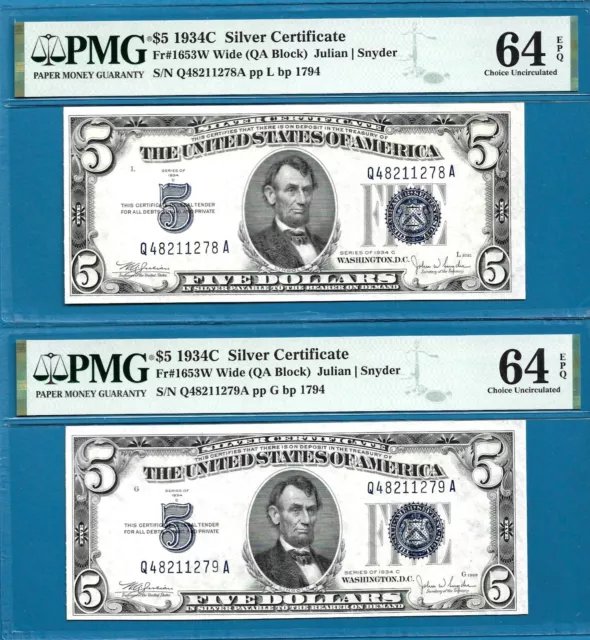 $5 1934C Silver Certificate Fr. 1653W QA Block PMG 64 EPQ (2 Consecutive Serial)