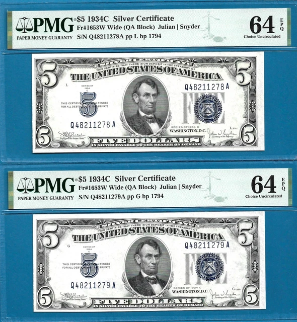 $5 1934C Silver Certificate Fr. 1653W QA Block PMG 64 EPQ (2 Consecutive Serial)