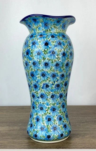 Polish Pottery Unikat Boleslawiec Blue Rose Vase 11" NEW